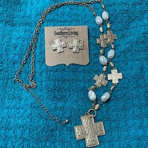 Southern Living gold tone long cross &  pearl pendant w/ cross earrings.
